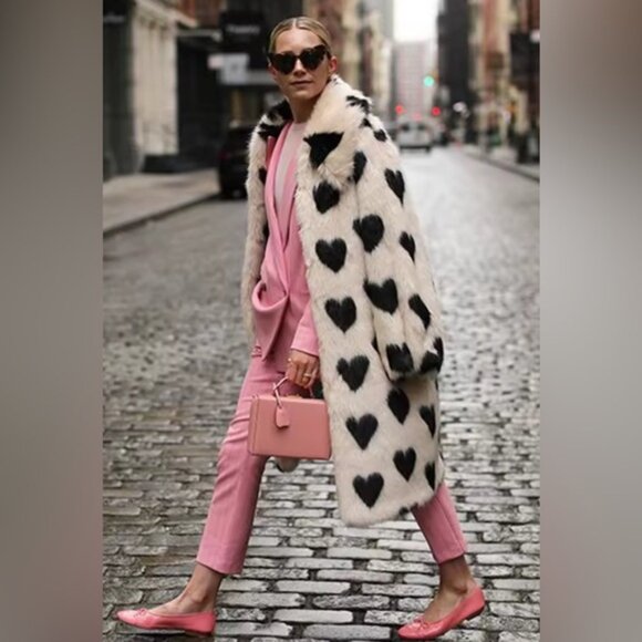 NEW Retail $ 168 All Hearts Patterned Faux Rabbit Fur Coat Midi Jacket - Picture 3 of 7